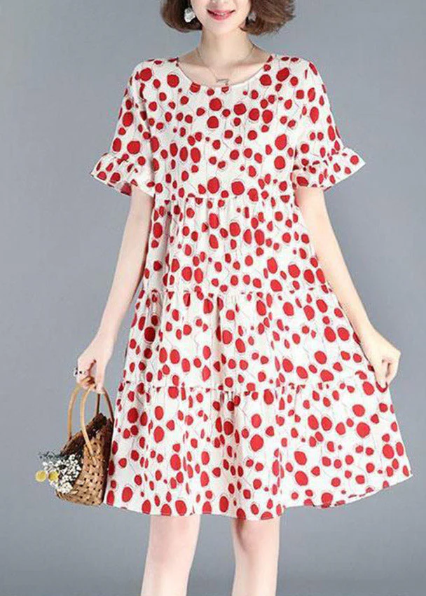 Sexy Red O-Neck Dot Print Wrinkled Mid Dresses Short Sleeve - Image 3