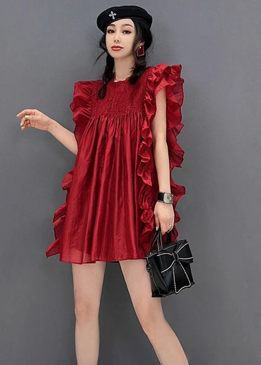 Sexy Red O-Neck Ruffles Wrinkled Chiffon Dress Short Sleeve - Image 2