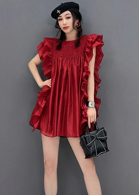 Sexy Red O-Neck Ruffles Wrinkled Chiffon Dress Short Sleeve - Image 3