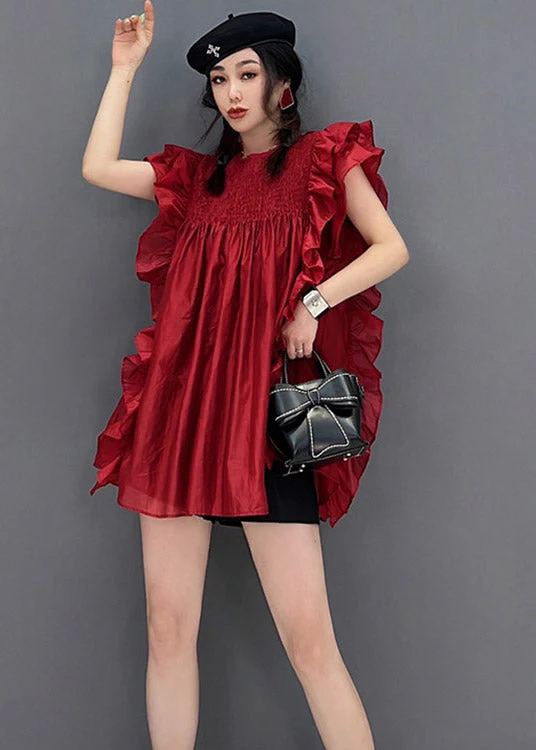 Sexy Red O-Neck Ruffles Wrinkled Chiffon Dress Short Sleeve - Image 4