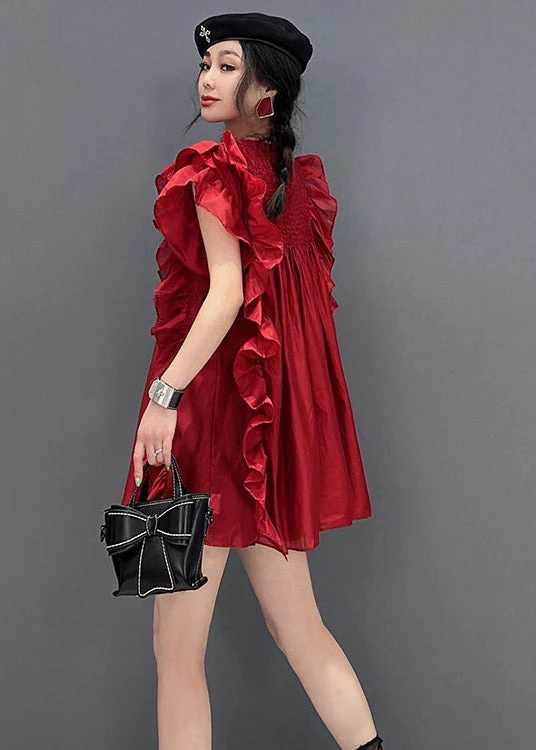 Sexy Red O-Neck Ruffles Wrinkled Chiffon Dress Short Sleeve - Image 5