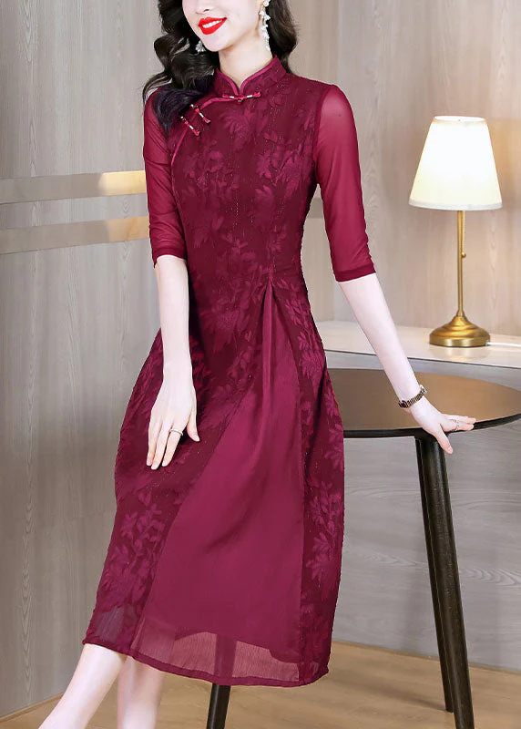 Sexy Red Print Patchwork Wrinkled Silk Long Dress Fall - Image 3