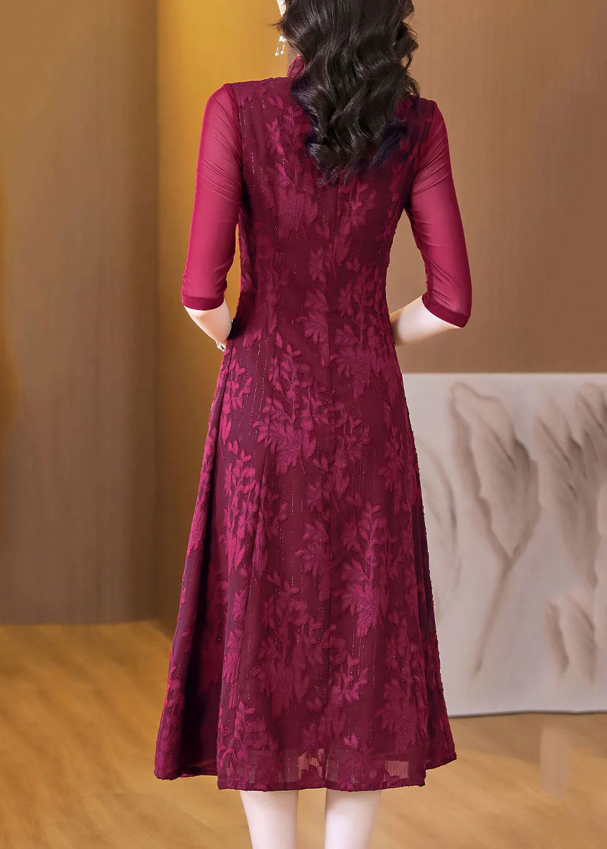 Sexy Red Print Patchwork Wrinkled Silk Long Dress Fall - Image 5