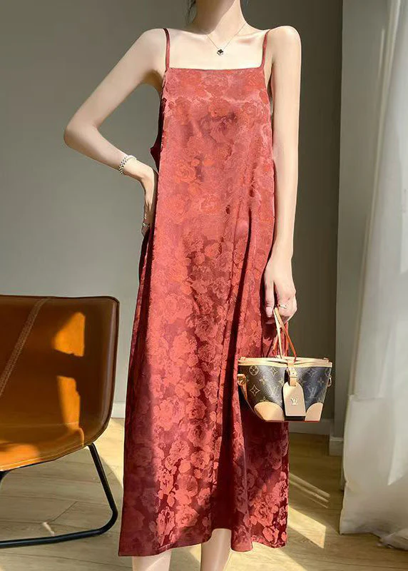 Sexy Red Print Pockets Silk Spaghetti Strap Dress Sleeveless - Image 2