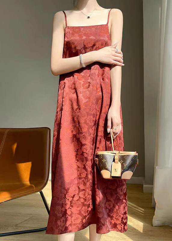 Sexy Red Print Pockets Silk Spaghetti Strap Dress Sleeveless - Image 3