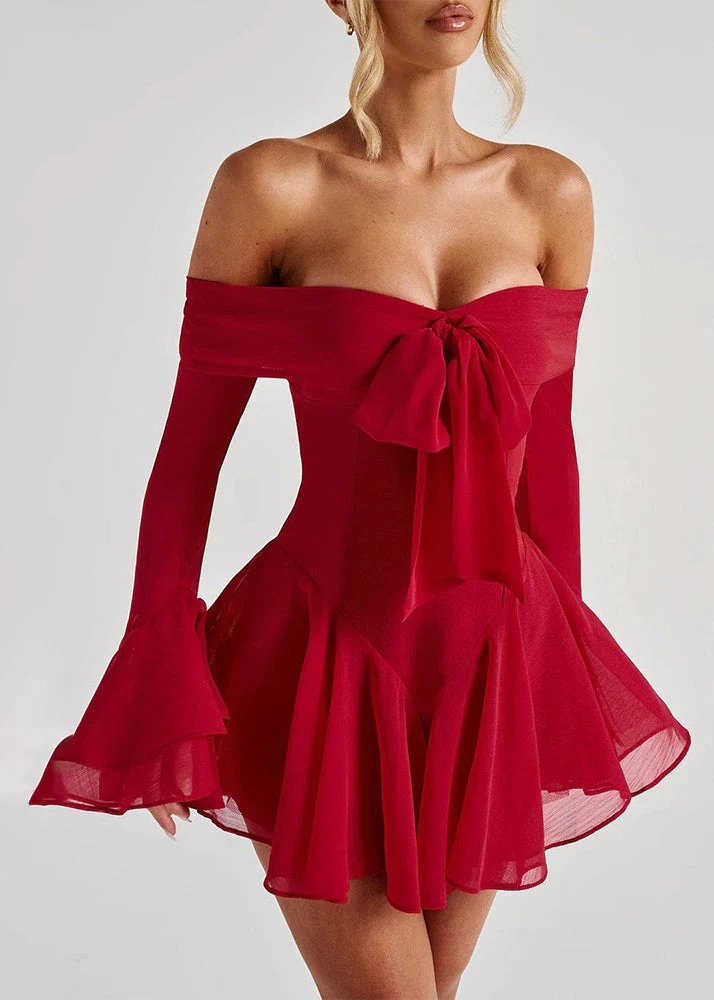 Sexy Red Slash Neck Bow Cotton Mid Dress Flare Sleeve - Image 3