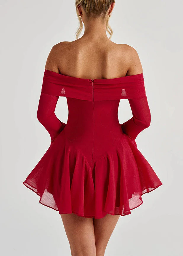 Sexy Red Slash Neck Bow Cotton Mid Dress Flare Sleeve - Image 4