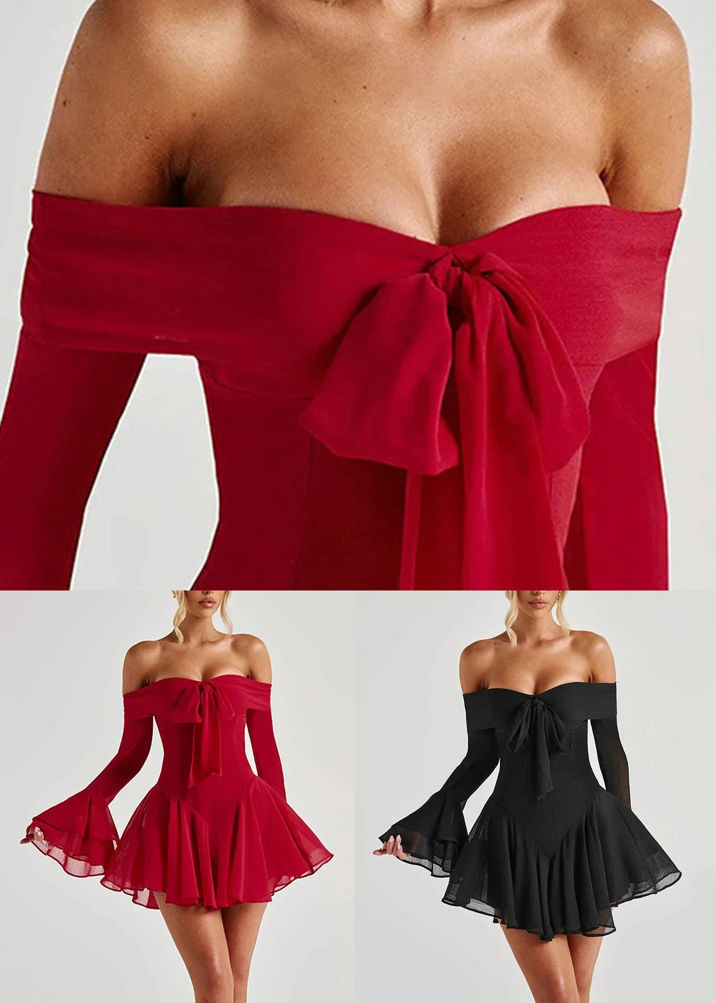 Sexy Red Slash Neck Bow Cotton Mid Dress Flare Sleeve - Image 5