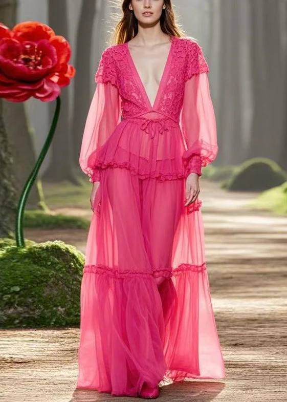 Sexy Rose V Neck Ruffled Lace Up Chiffon Long Dresses Spring - Image 5