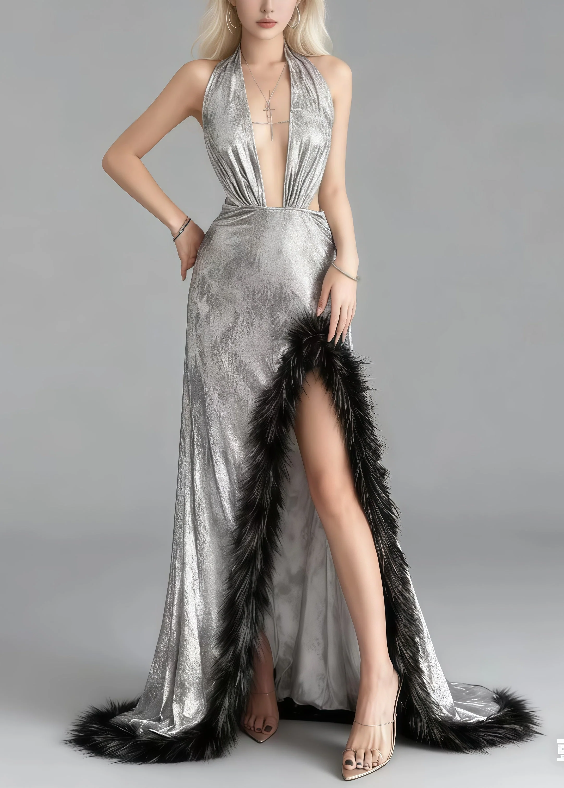 Sexy Silvery Exra Large Hem Patchwork Faux Fur Side Open Evenings Dresses Summer