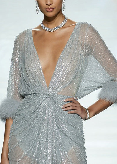 Sexy Sky Blue Sequins Patchwork Faux Fur Tulle Sheer Dress Summer - Image 2