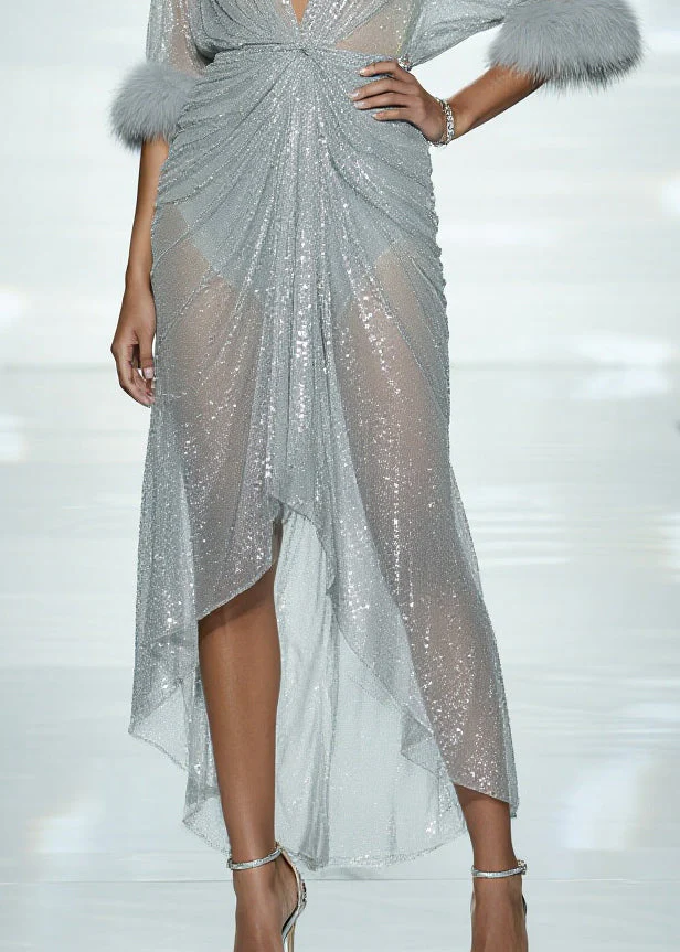 Sexy Sky Blue Sequins Patchwork Faux Fur Tulle Sheer Dress Summer - Image 4