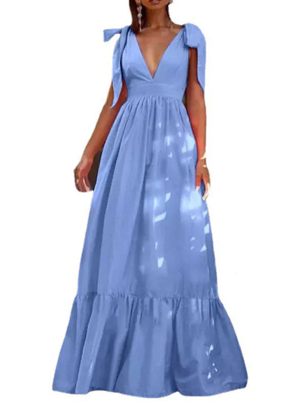 Sexy Sky Blue Wrinkled V Neck Patchwork Ruffles Maxi Dress Vestidos Sleeveless - Image 5