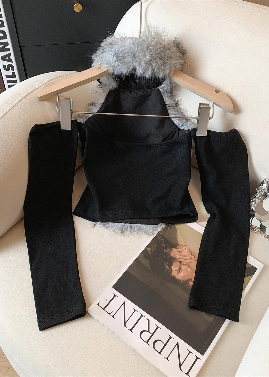 Sexy Style Blue Fur Patchwork Chic Long Sleeved Top - Image 4