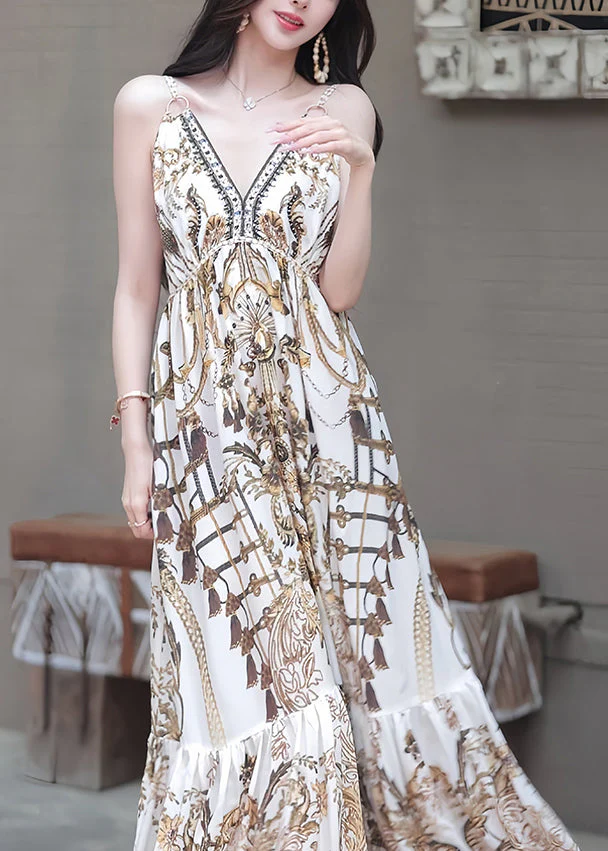 Sexy V Neck Print High Waist Spaghetti Strap Dress Sleeveless - Image 2
