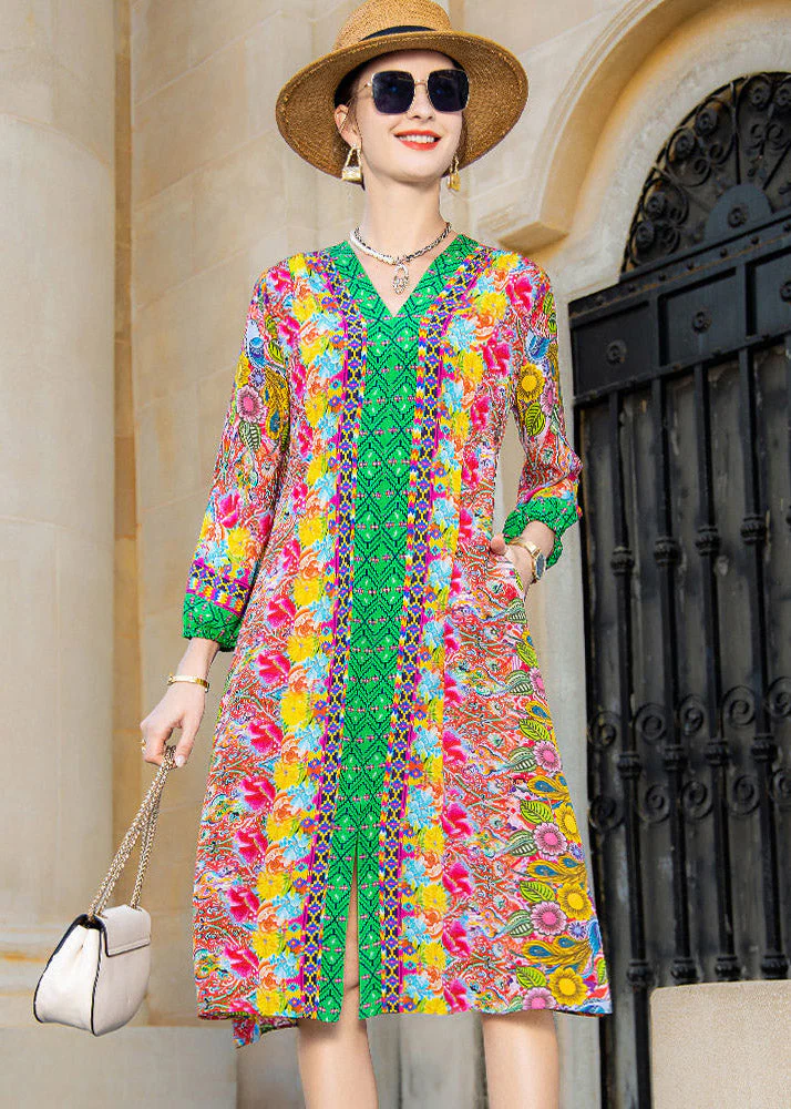 Sexy V Neck Print Pockets Silk Dress Long Sleeve - Image 2