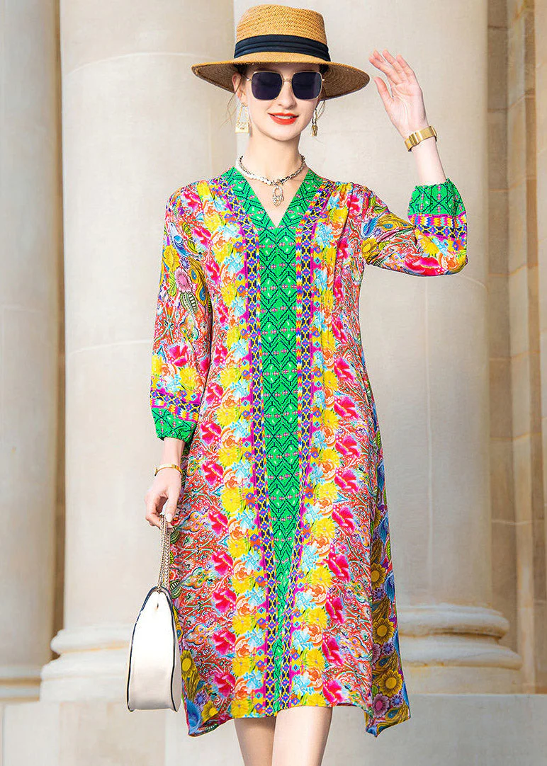 Sexy V Neck Print Pockets Silk Dress Long Sleeve - Image 3