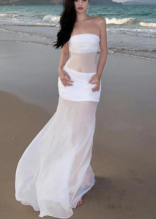 Sexy White Cold Shoulder Floral Tulle Long Dress Sleeveless - Image 2
