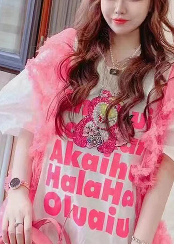 Sexy White O-Neck Alphabet Tulle Patchwork Nail Bead Cotton Mid Dress Summer - Image 3