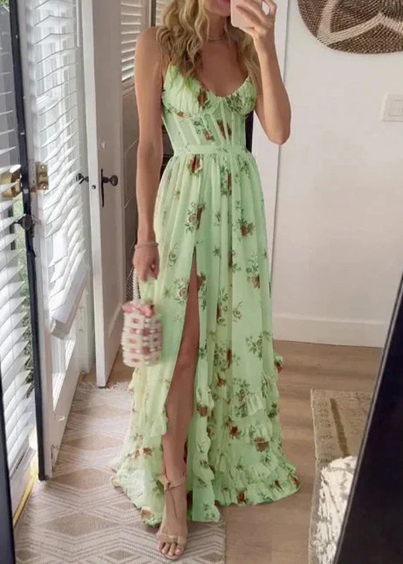 Sexy White Ruffled Print Side Open Cotton Long Dresses Sleeveless - Image 2