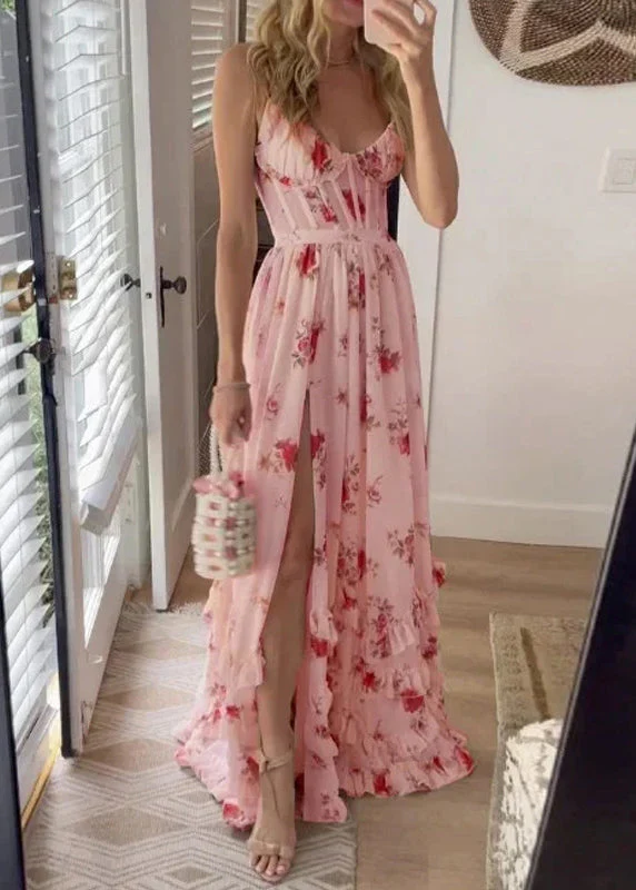 Sexy White Ruffled Print Side Open Cotton Long Dresses Sleeveless - Image 3
