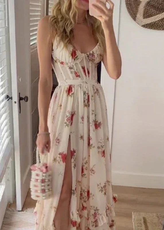 Sexy White Ruffled Print Side Open Cotton Long Dresses Sleeveless - Image 4