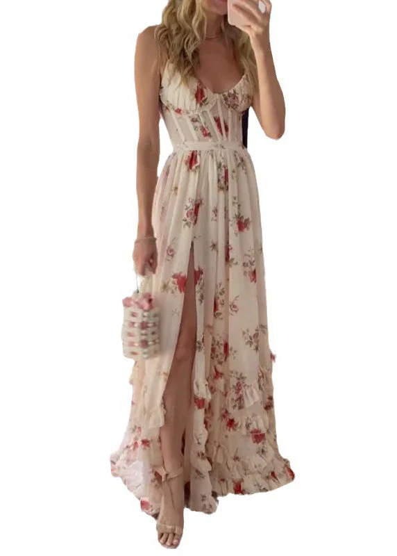 Sexy White Ruffled Print Side Open Cotton Long Dresses Sleeveless - Image 5
