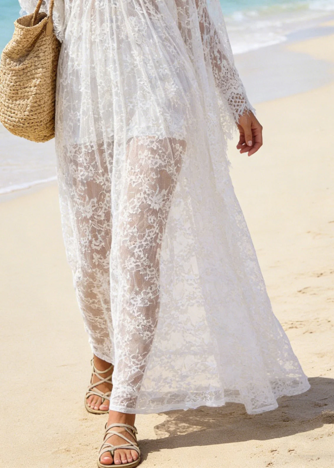 Sexy White V Neck Hollow Out Oversized Lace Vacation Dresses Summer - Image 5