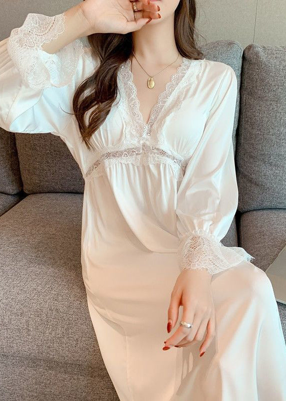 Sexy White V Neck Lace Patchwork Ice Silk Long Dress Long Sleeve - Image 2