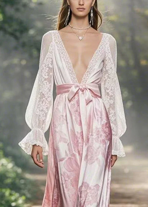 Sexy White V Neck Lace Up Silk Long Dress Flare Sleeve - Image 2