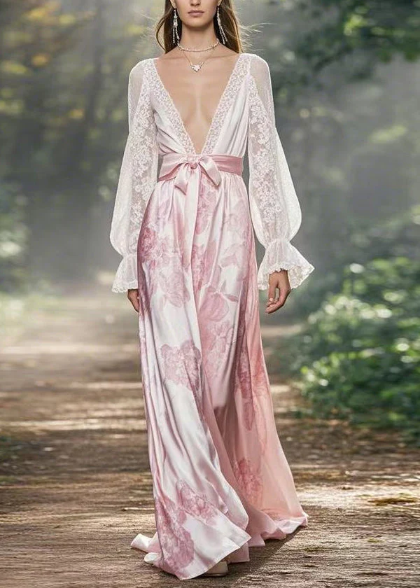 Sexy White V Neck Lace Up Silk Long Dress Flare Sleeve - Image 3