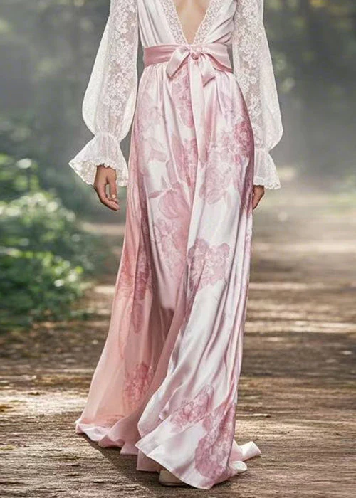 Sexy White V Neck Lace Up Silk Long Dress Flare Sleeve - Image 4