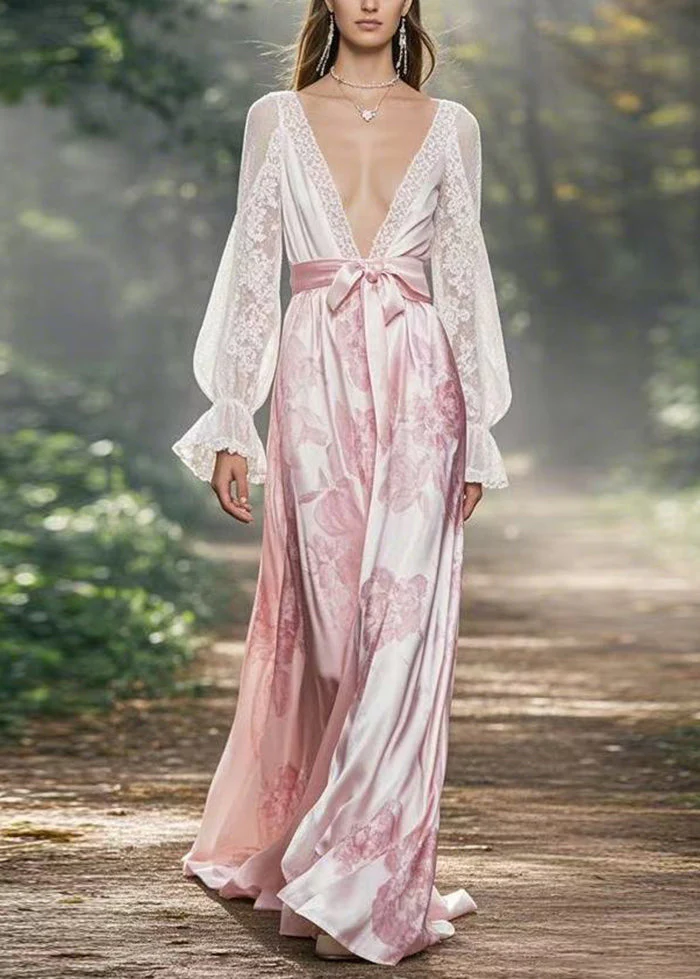 Sexy White V Neck Lace Up Silk Long Dress Flare Sleeve - Image 5