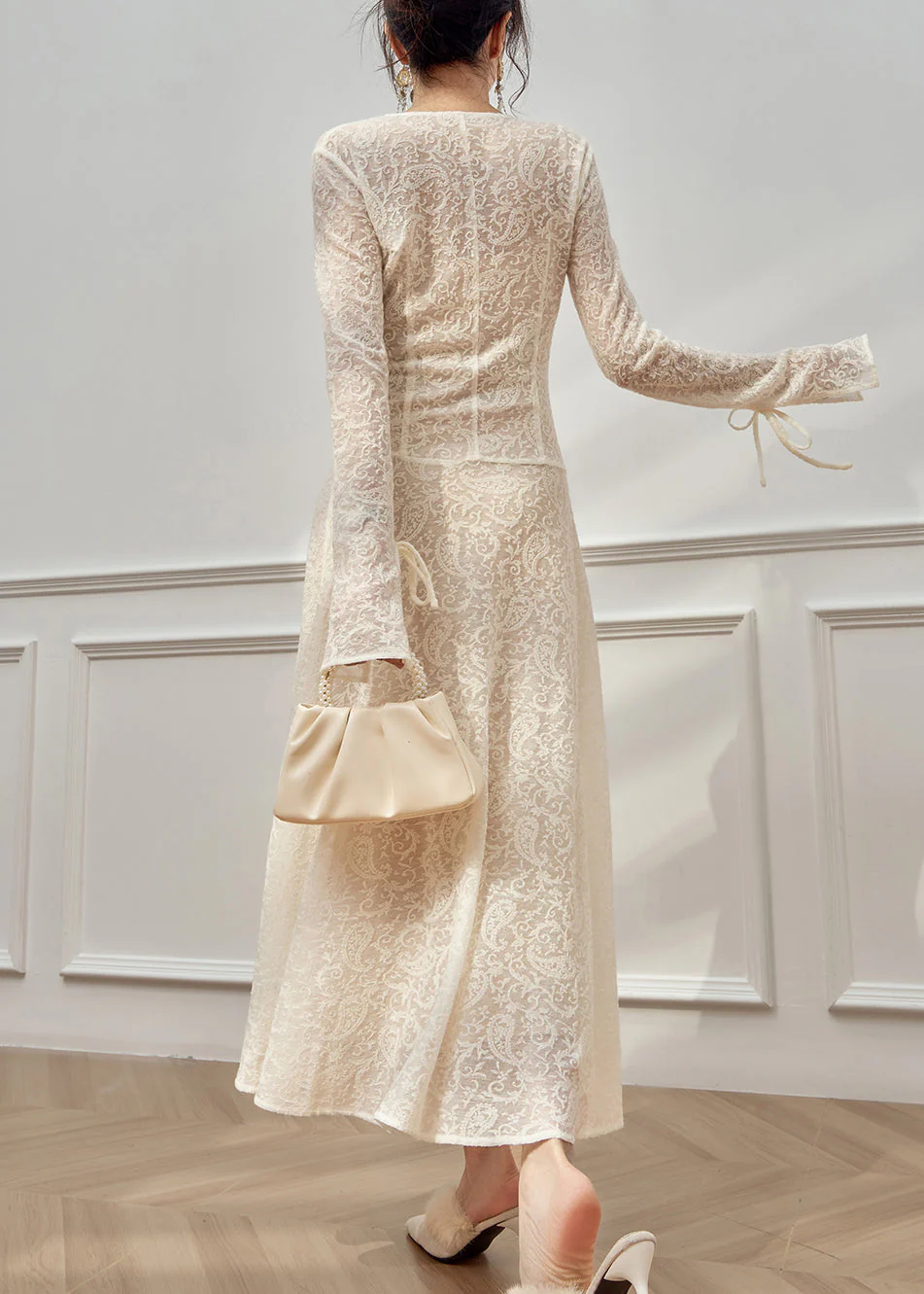 Sexy White V Neck Tie Lace Lace Long Dresses Flare Sleeve - Image 5