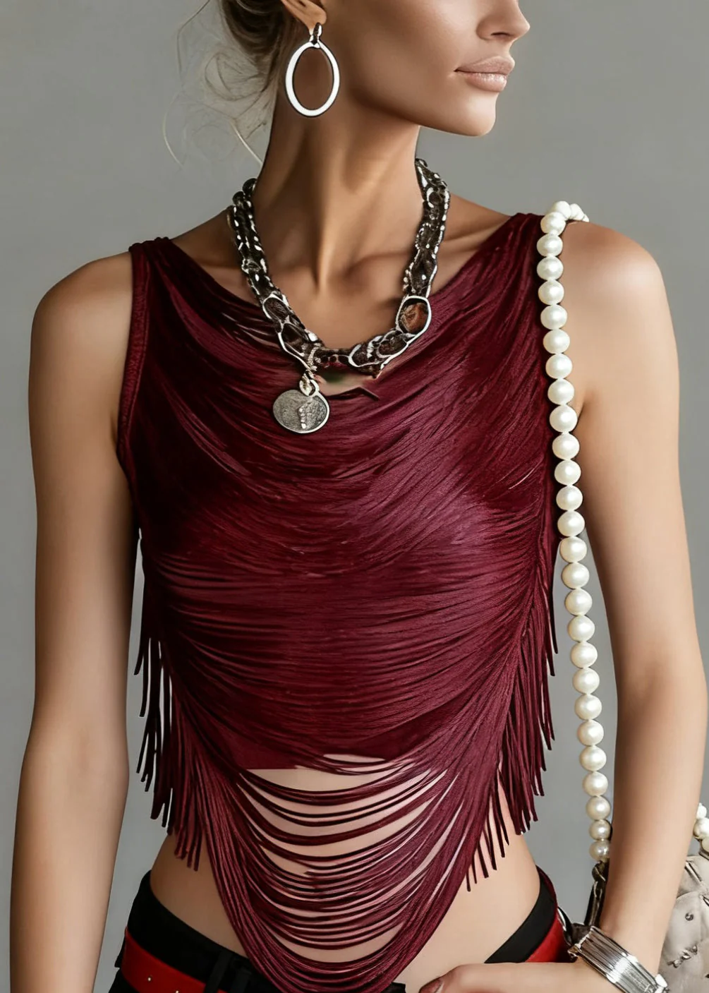 Sexy Wine Red Backless Tasseled Solid Tank Sleeveless - Image 2