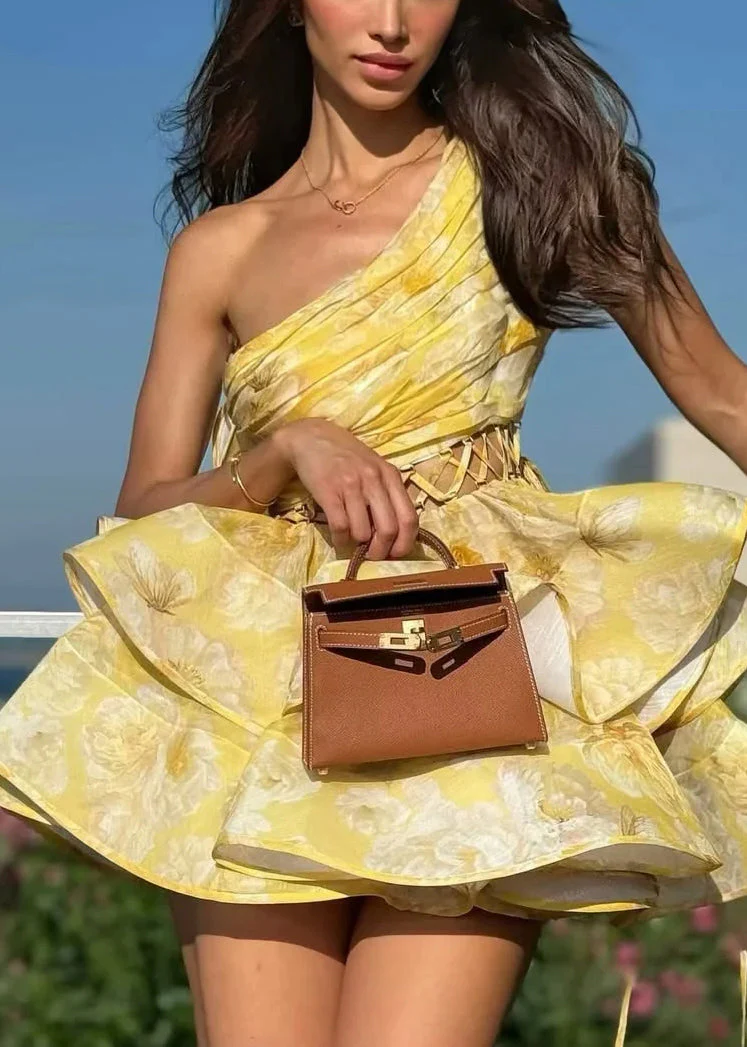 Sexy Yellow Asymmetrical Hollow Out Cotton Mini Dresses Sleeveless - Image 2