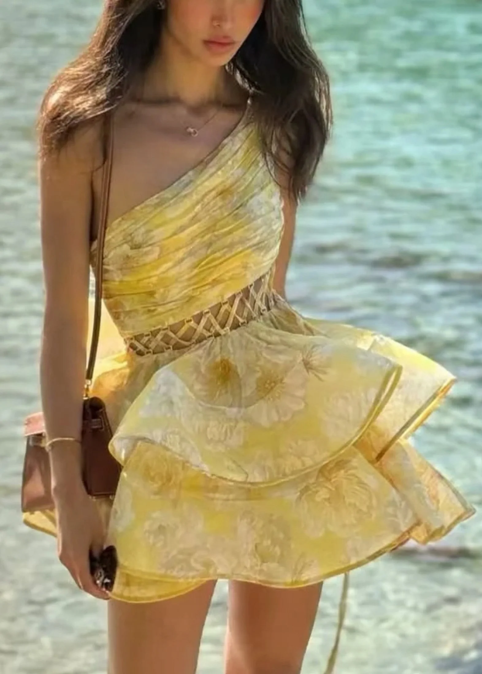 Sexy Yellow Asymmetrical Hollow Out Cotton Mini Dresses Sleeveless - Image 3