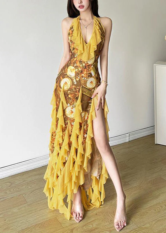Sexy Yellow Ruffled Print Front Open Tulle Dress Sleeveless - Image 2