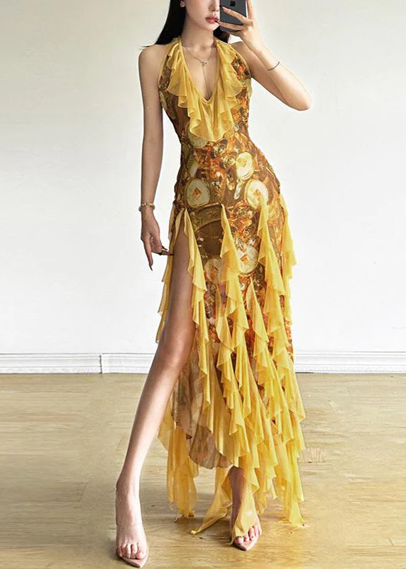 Sexy Yellow Ruffled Print Front Open Tulle Dress Sleeveless - Image 3