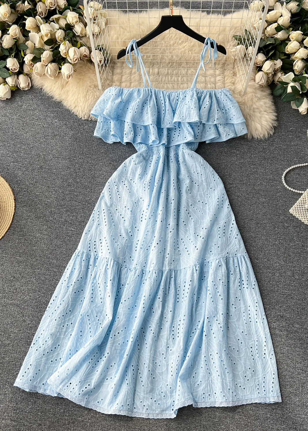 Sexy Yellow Slash Neck Hollow Out Cotton Spaghetti Strap Dress Sleeveless - Image 2