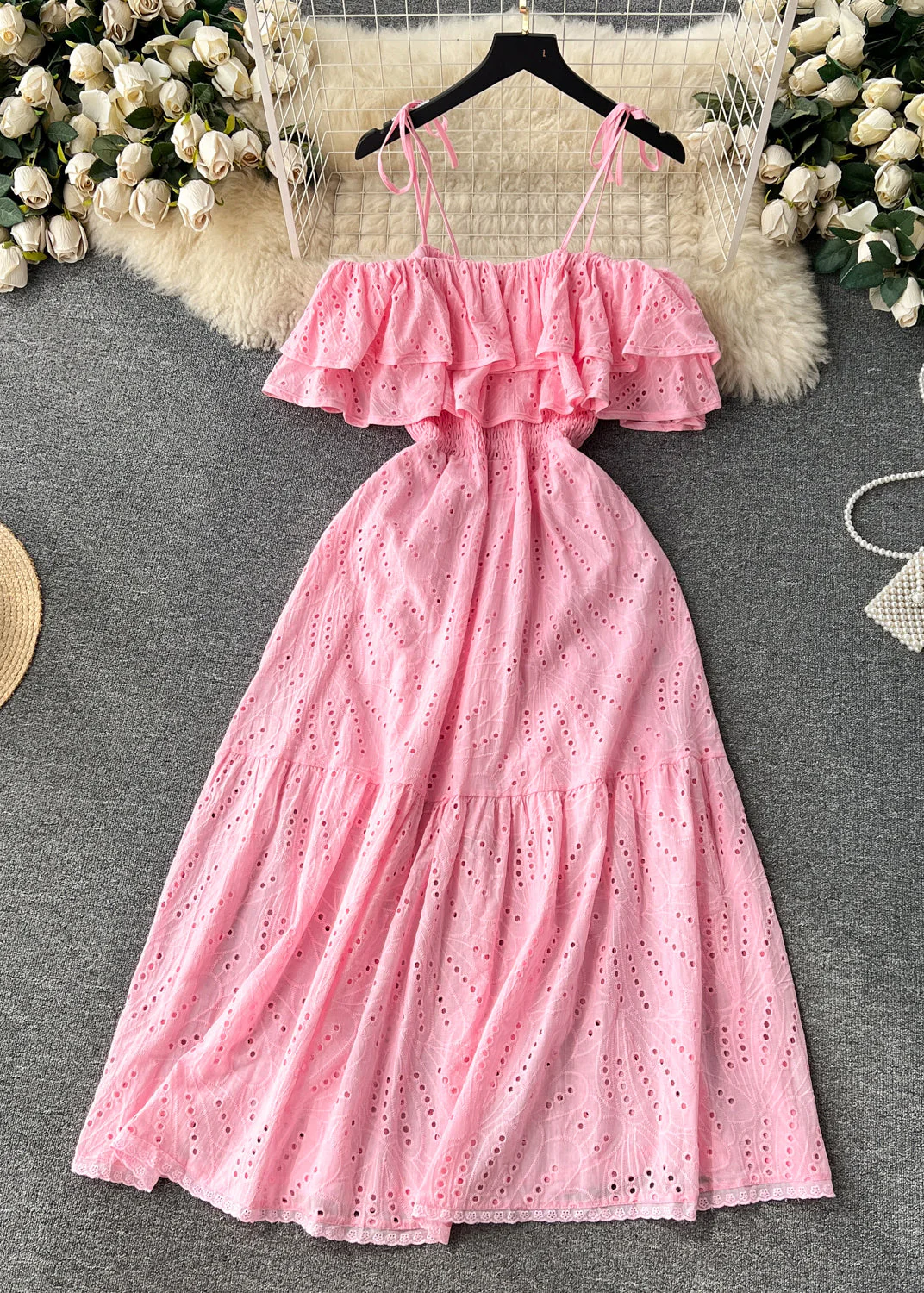 Sexy Yellow Slash Neck Hollow Out Cotton Spaghetti Strap Dress Sleeveless - Image 3