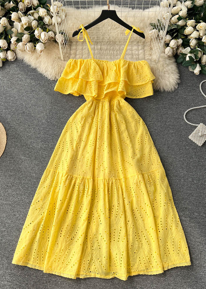 Sexy Yellow Slash Neck Hollow Out Cotton Spaghetti Strap Dress Sleeveless - Image 4