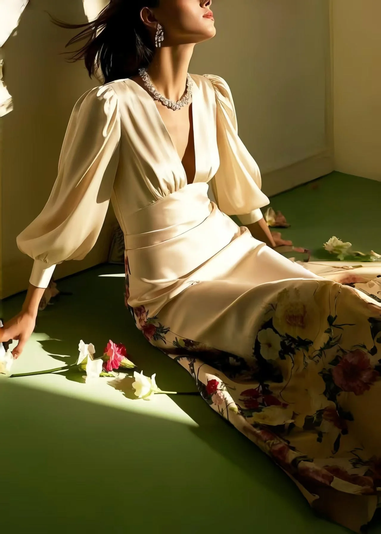 Silm Fit Apricot Flower Print Ice Silk Work Dress Spring - Image 5