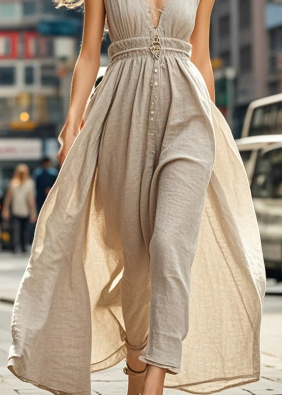 Silm Fit Beige V Neck Exra Large Hem Cotton Ankle Dress Summer - Image 4