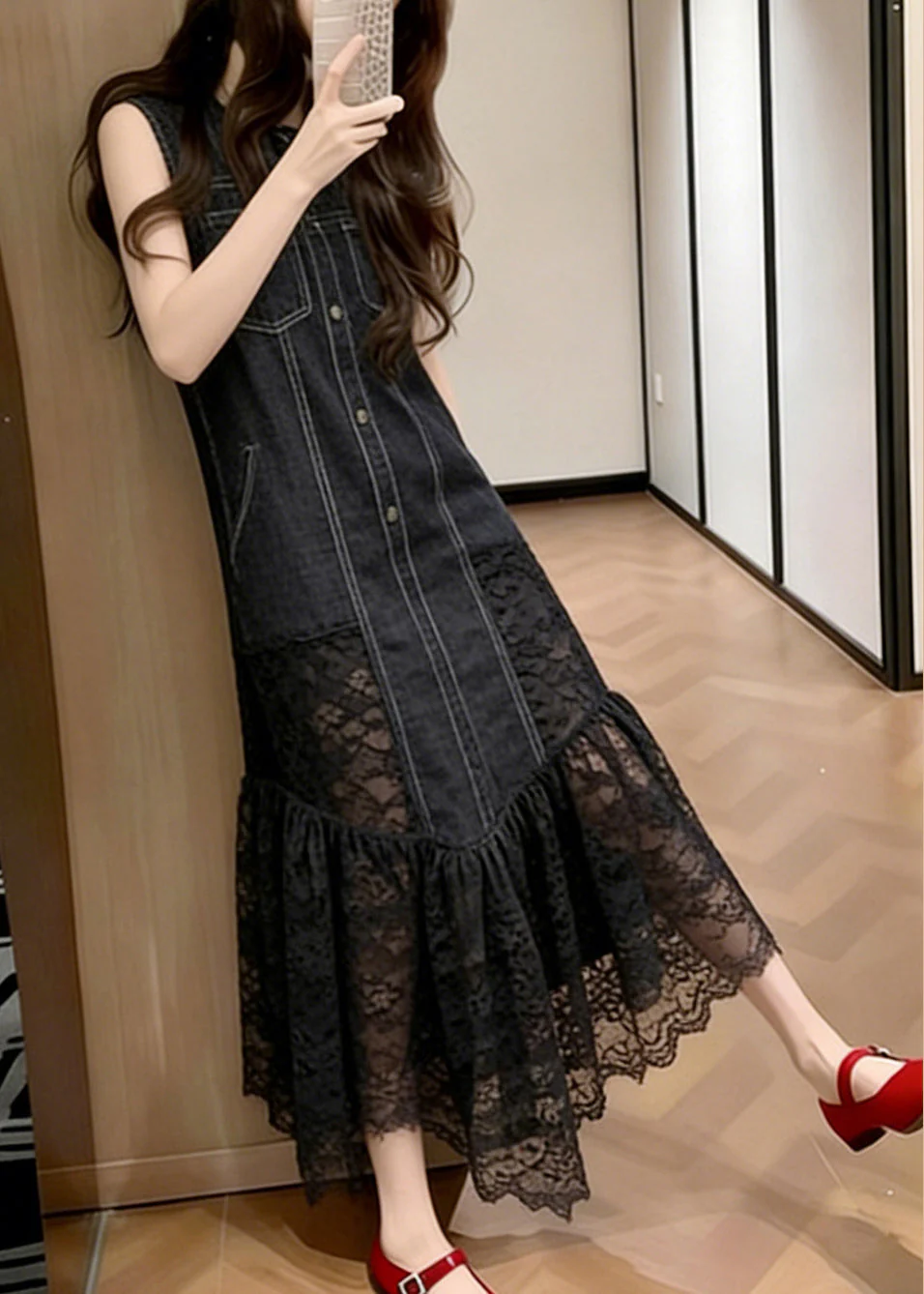 Silm Fit Black Lace Patchwork Denim Long Dresses Sleeveless - Image 3