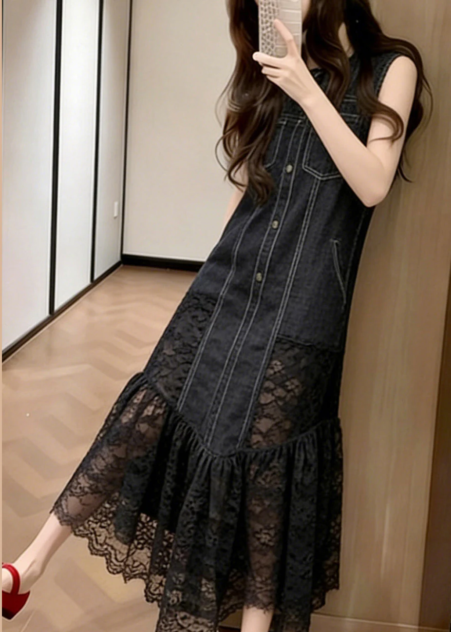 Silm Fit Black Lace Patchwork Denim Long Dresses Sleeveless - Image 4