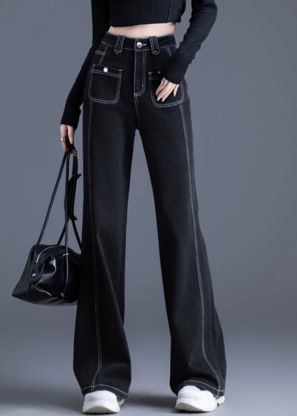 Silm Fit Black Pockets Patchwork Warm Fleece Denim Bell-bottom Trousers Winter - Image 2