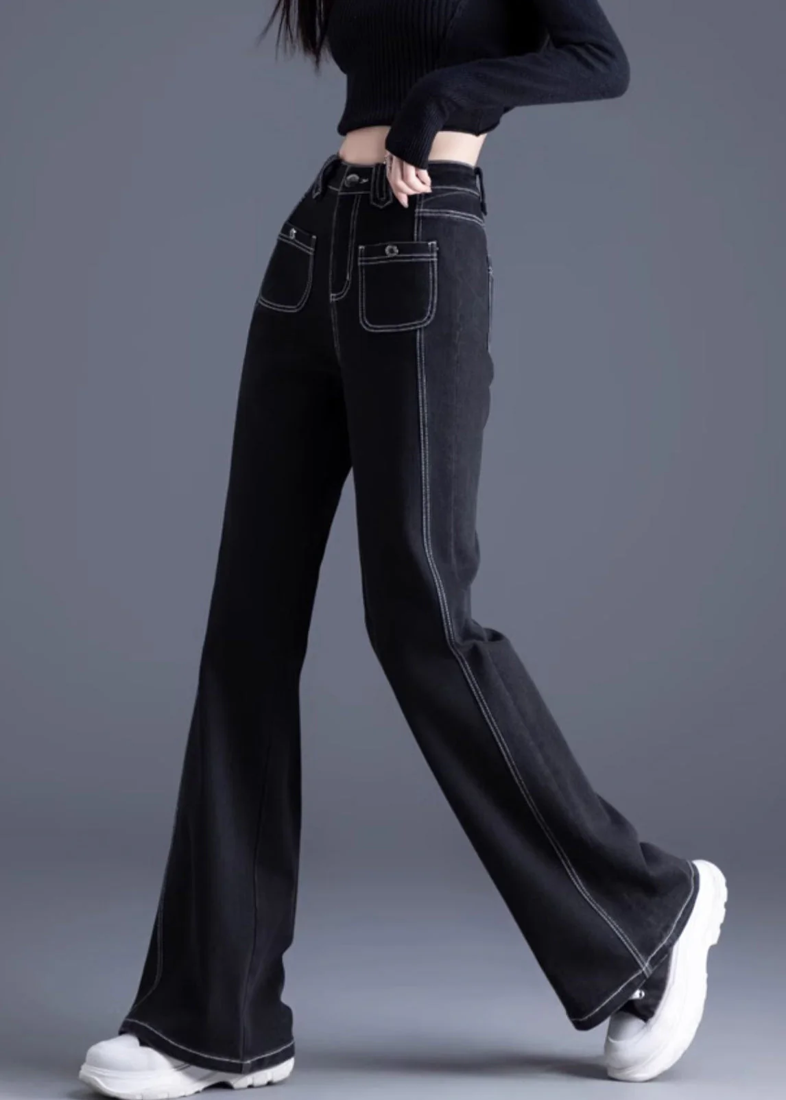 Silm Fit Black Pockets Patchwork Warm Fleece Denim Bell-bottom Trousers Winter - Image 3