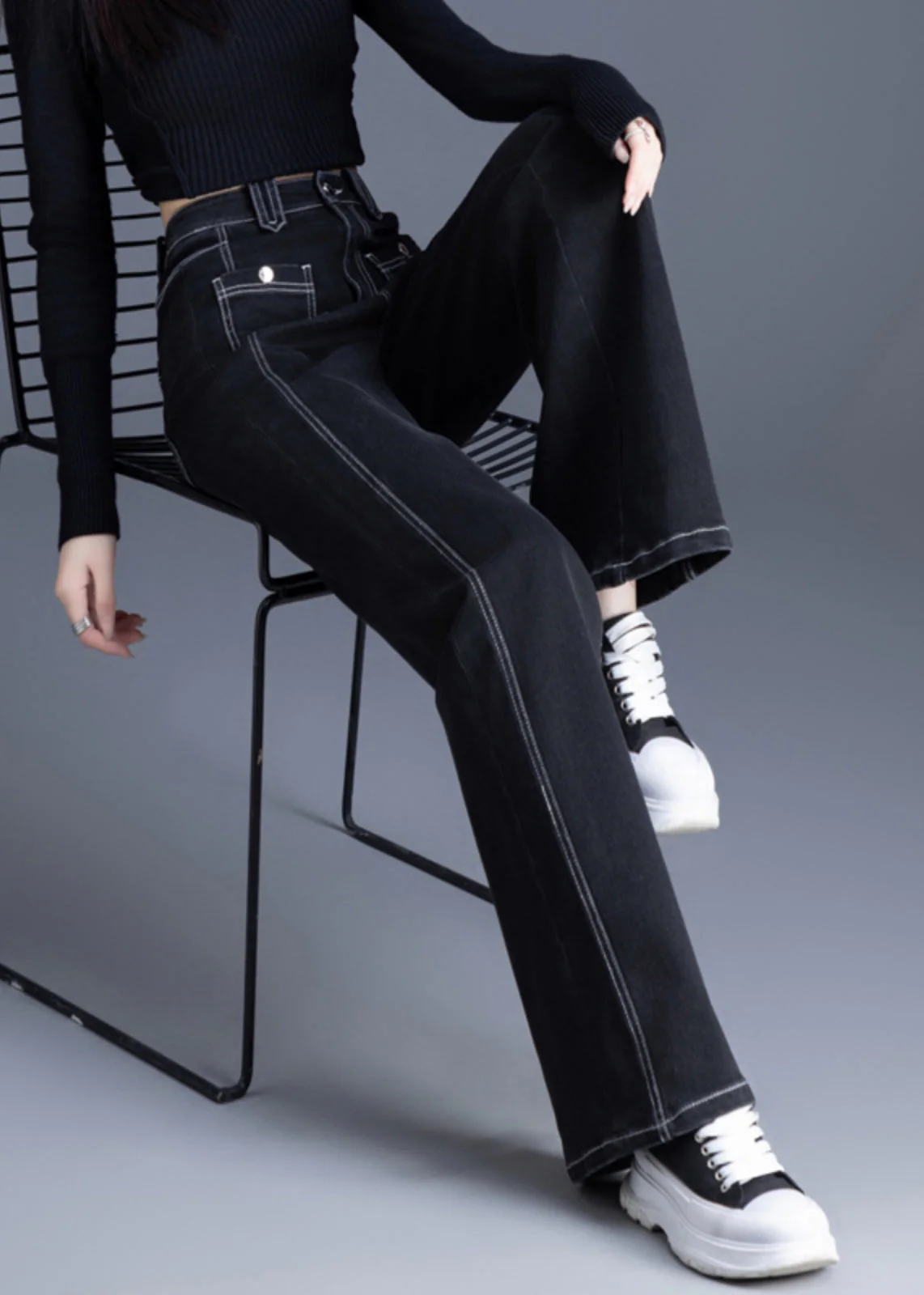Silm Fit Black Pockets Patchwork Warm Fleece Denim Bell-bottom Trousers Winter - Image 4