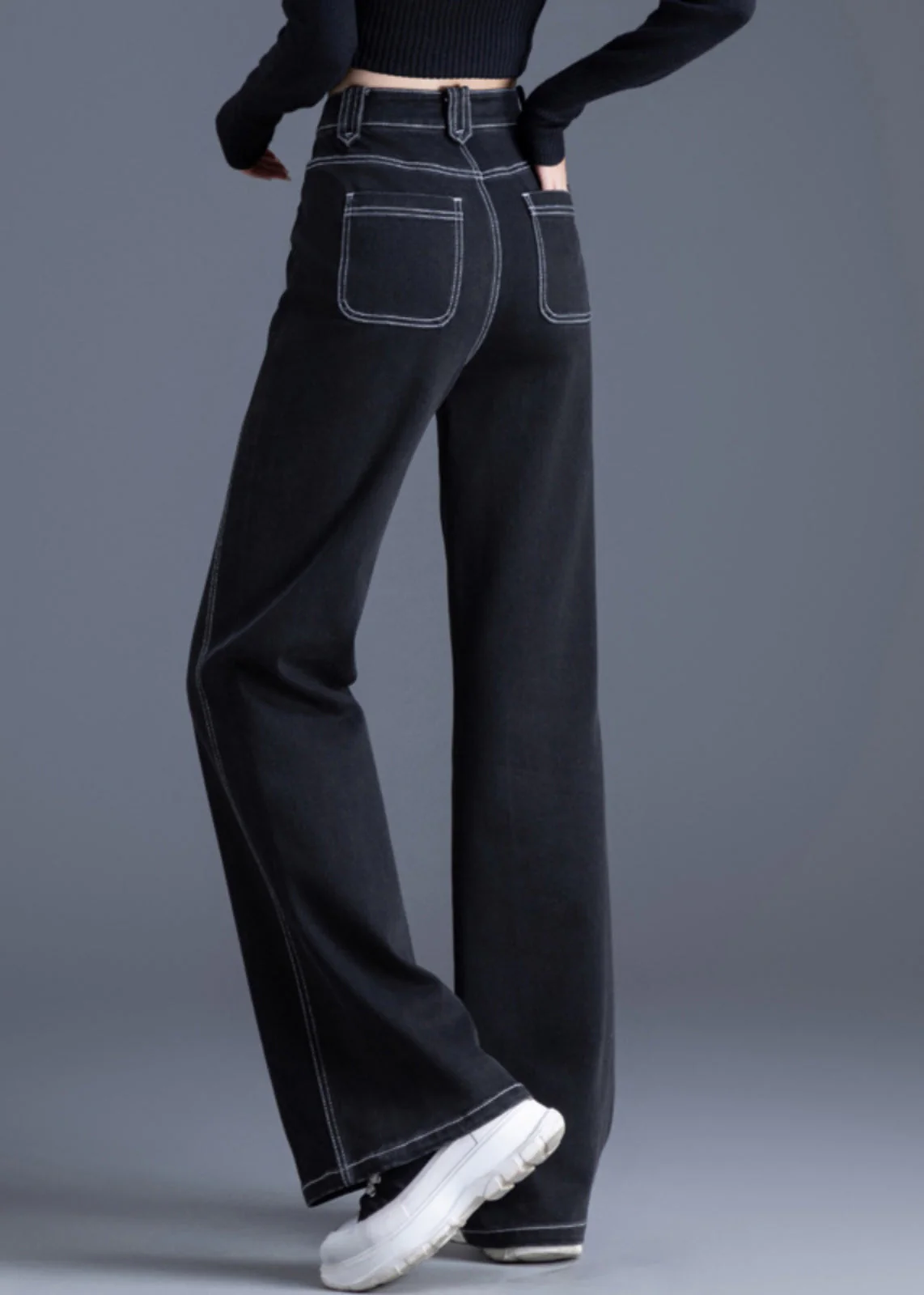 Silm Fit Black Pockets Patchwork Warm Fleece Denim Bell-bottom Trousers Winter - Image 5